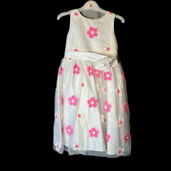 Tip Top Little Girls Dress White With White/pink Flowers Special Occasion Size 6 - Picture 2 of 6